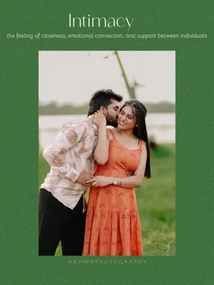 A tender moment captured, with the groom kissing the bride's cheek, framed with the word 'Intimacy'.