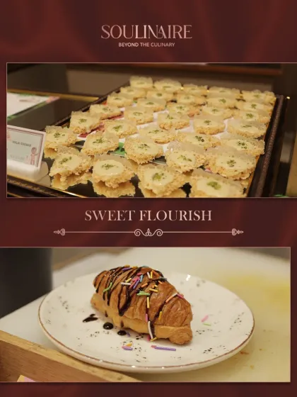 A collage of sweet flourishes, including a tray of Ghevar and a freshly garnished chocolate croissant. We offer a blend of traditional Indian and classic European desserts.
