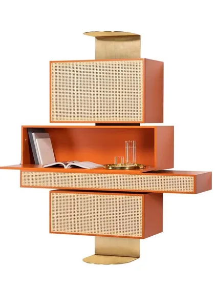 A studio shot of the retro-inspired Memphis cabinet, showing its playful composition and mix of materials.