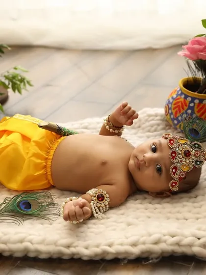 A peaceful moment for our little Krishna. Lying amongst the flowers, this baby looks serene and divine.