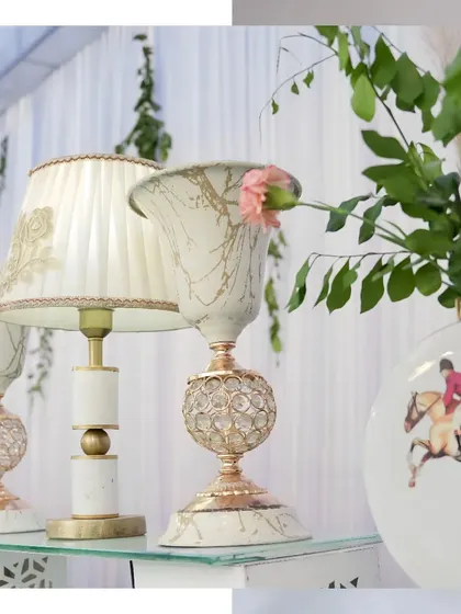 Decorative table lamps and vases used as part of our buffet decor. These small details and props elevate the overall look and feel of the food display.