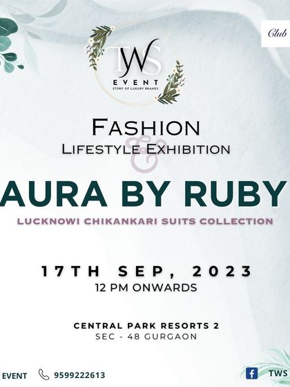 A promotional poster for 'Aura by Ruby', specifically highlighting their Lucknowi Chikankari suits collection.