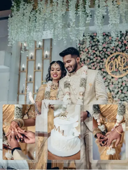A celebration of two hearts, complete with a cake cutting. This collage captures the couple, the cake, and the act of cutting it together, symbolizing their shared future.