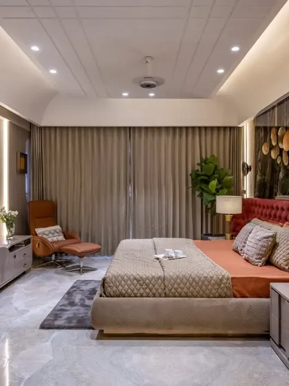 A duplicate of image 31, this angle highlights the cohesive design language across the room, from the wall treatments to the bespoke furniture.