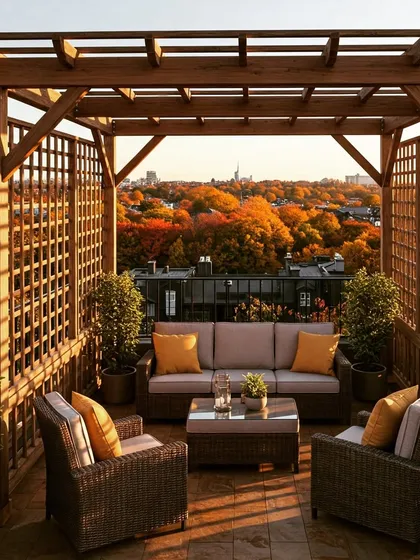 A rooftop pergola with a wooden lattice on the sides, creating a semi-enclosed feel. This setup is perfect for framing a city view while providing a comfortable seating area for enjoying the sunset.