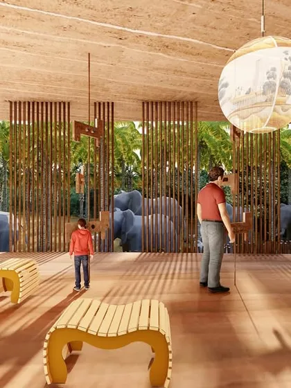 The interior of the Pavilion is a continuous space that encourages pause and observation. Volumes expand and contract across different levels, creating places to sit, interact, and view the forest through timber screens that filter light and breeze.