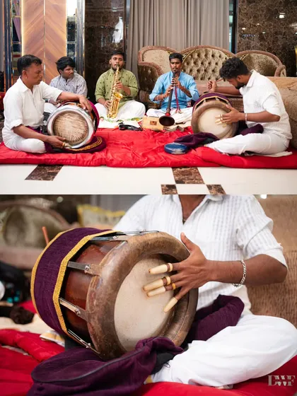 A collage showing the traditional musicians playing at the wedding, capturing the cultural and auditory essence of the celebration.