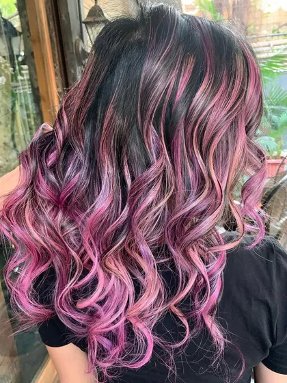 Another angle of the 'Pink Hibiscus' hair, showing how the colors are woven together.