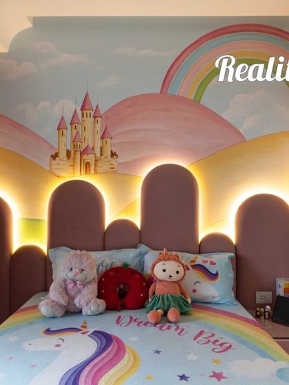 The finished child's room, bringing the magical castle mural and rainbow theme to life exactly as visualized.