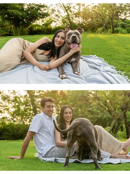 A duplicate of ID 61, this collage from an Alibaug engagement shoot shows the fun and love shared between a couple and their energetic pitbull, Millie.