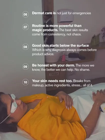 This image lists some core principles of my practice. Good skin starts below the surface, which is why diagnosis always comes before product advice. Honesty and consistency are key to your journey.