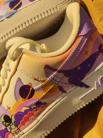 Here's another BTS-inspired custom I did on a pair of Air Force 1s. This one has a softer, pastel galaxy vibe with the whale, astronaut, and planets.