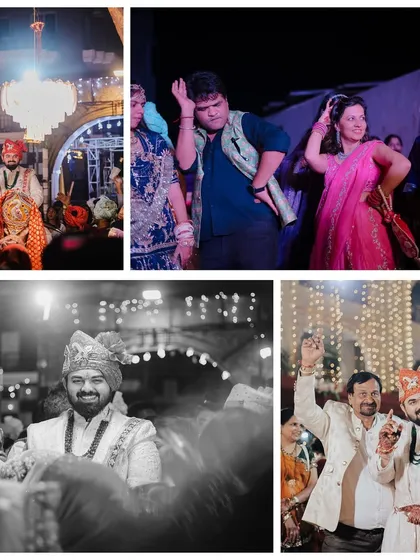 A collage filled with the fun and festive moments of the Baraat. It includes the groom's happy entrance, guests dancing, and celebratory moments with family, captured in both color and black and white.