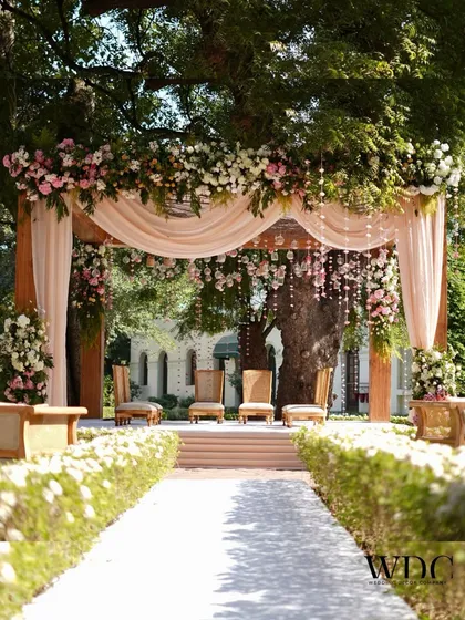 There is a unique magic to daytime weddings. We designed this 'Bloom Grace' mandap under a majestic tree, using soft pastel drapes and an abundance of fresh flowers to create a serene, natural, and utterly romantic setting for the pheras.
