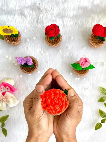 My hands holding a tiny potted carnation, with a garden of other mini potted flowers in the background. I love creating this little flower garden.