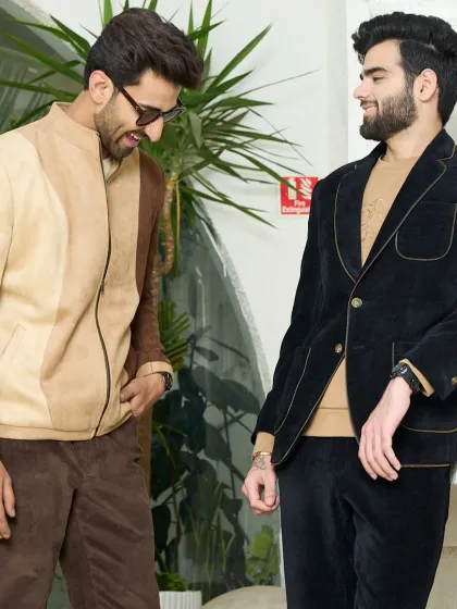 A different view of the black corduroy blazer, paired with a two-toned suede jacket. This showcases how my pieces can be layered to create distinct, stylish looks.