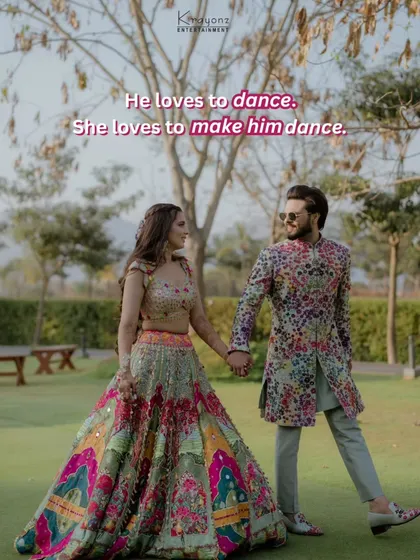 "He loves to dance. She loves to make him dance." A sweet photo of the couple at their wedding carnival, perfectly capturing their playful dynamic.