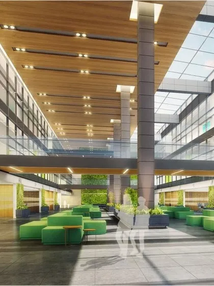 The design for Amity University, Mumbai, is an interplay between built and open spaces. Large glazed openings flood interiors with natural light, while landscaped atriums and courtyards act as spillover zones and enable visual connection between multiple floors.