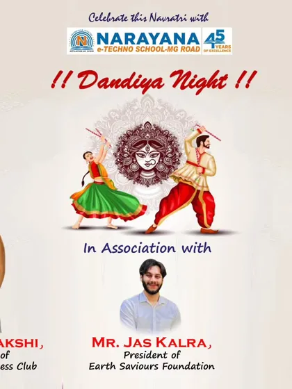 The official poster for the Dandiya Night event at Narayana School, featuring me as the Director of Meenakshi Fitness Club.