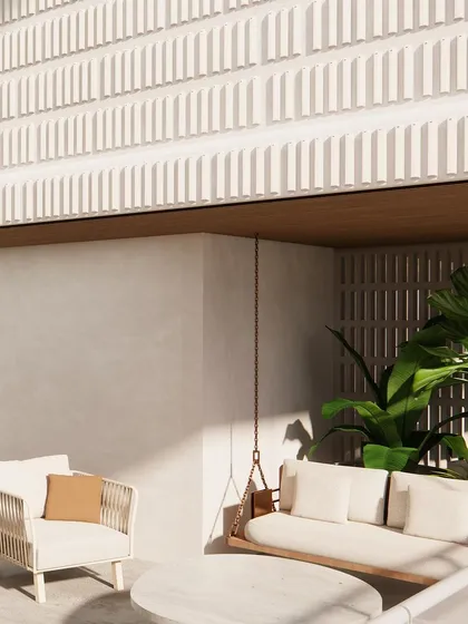 The terrace walls feature a textured white tile, adding a subtle pattern that complements the natural elements.