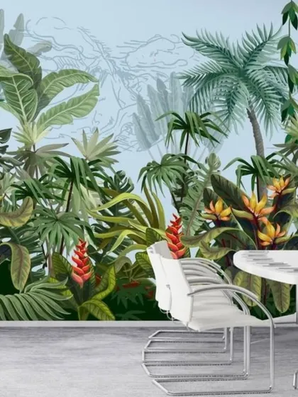 This dining area features a colorful wallpaper of a tropical jungle, adding a fresh and vibrant feel to the space.