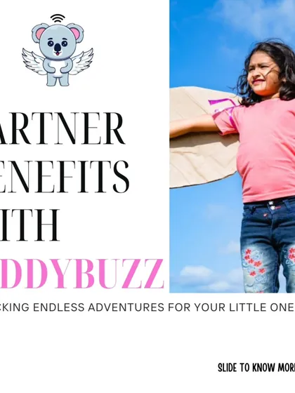 This graphic introduces the partner benefits of joining KiddyBuzz, promising to unlock endless adventures for little ones.