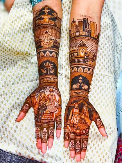 A truly unique storytelling mehandi that combines traditional wedding portraits with a modern city skyline. I love collaborating with brides to create one-of-a-kind designs that reflect their journey.