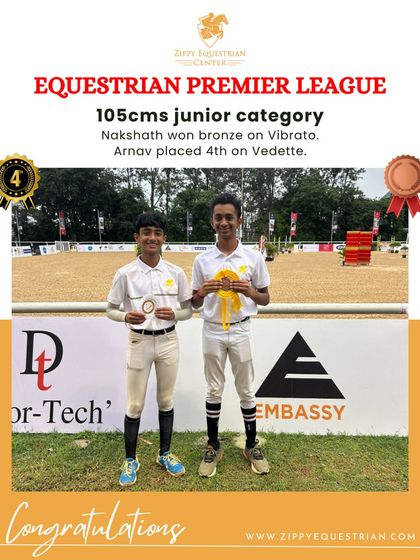 Nakshath and Arnav celebrating their bronze and fourth-place finishes in the 105cms junior category at the EPL.