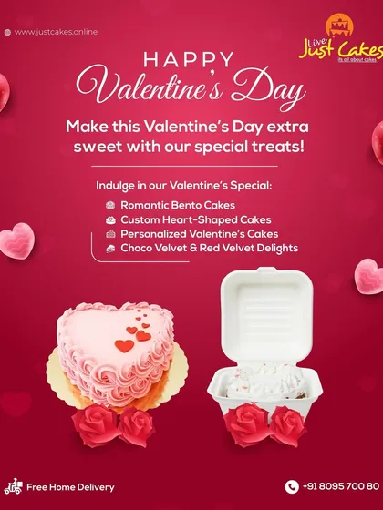 An overview of our Valentine's Day specials, featuring romantic bento cakes for two, custom heart-shaped cakes, and our popular choco velvet and red velvet flavors.