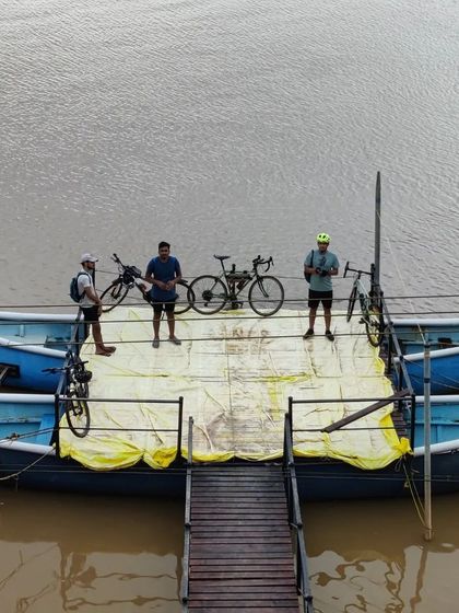 Getting ready for a river crossing on a local boat. These unique experiences are a core part of our Gokarna adventure, connecting different parts of our coastal route.