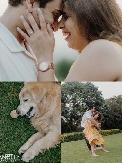 A collage that perfectly blends romantic couple portraits with adorable shots of their dog. It’s a beautiful summary of a day filled with love, laughter, and puppy cuddles.