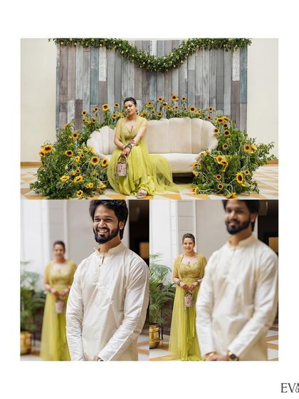 A collage showing the bride at her Mehendi and the groom's happy reaction, telling a small story of the day.