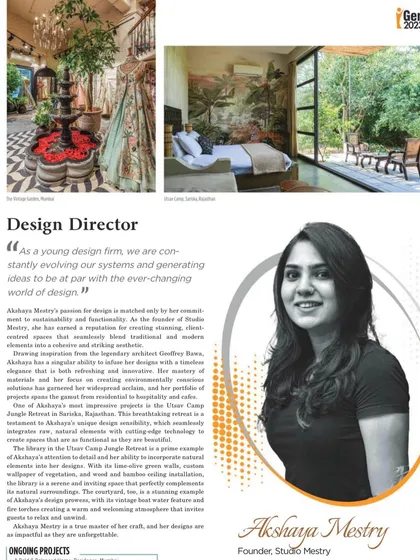 A snapshot from the Igen 2023 feature, where our founder, Akshaya Mestry, was named a Design Director. The article highlights our firm's commitment to sustainability, functionality, and creating environmentally conscious designs.
