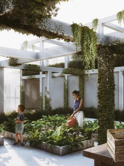 A rooftop farming area in the Pixel Housing project, providing residents with a space for organic gardening and community engagement. This is part of our vision for creating self-sustaining residential ecosystems.