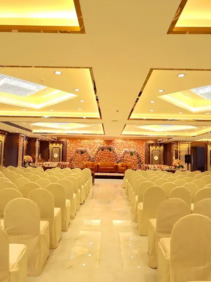 A view of the Ashoka Banquet hall in Vashi. The hall is set up with theater-style seating, perfect for ceremonies, corporate events, or award functions.