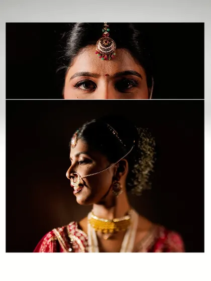 A collage focusing on the bride's expressive eyes and serene profile. These close-up shots of Divya are intimate and powerful, capturing her beauty in a unique way.