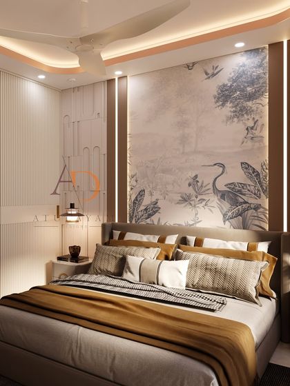 A bedroom featuring a tranquil botanical-patterned accent wall, a plush bed with earthy-toned linens, and custom wardrobes with geometric paneling.