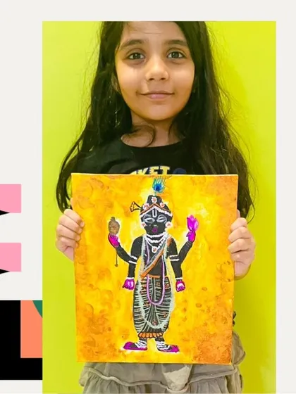 Celebrating culture through art! This student created a beautiful Lord Krishna painting on canvas during our Janmashtami workshop, learning about traditional motifs while practicing their acrylic painting skills.