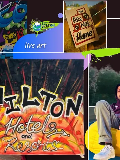 This collage captures the essence of the Hilton project. You can see the final 'Hilton Hotels' piece, a glimpse of the live art setup, and other elements that made the event special and visually rich.