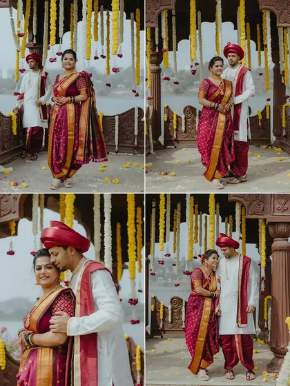 A collage of romantic couple portraits from a lakeside Maharashtrian wedding, capturing their love and happiness.
