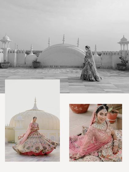 A collage of artistic bridal portraits against the backdrop of palace domes. It includes a mix of color, black and white, and close-up shots, capturing the bride's grace and the grandeur of the location.