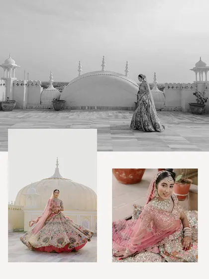 A collage of artistic bridal portraits, mixing a dramatic black-and-white shot with vibrant color photos that showcase the bride's twirling lehenga.