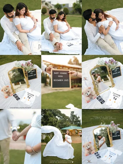 A beautiful grid of photos from an outdoor maternity picnic shoot. This collage tells the complete story of their session, from wide shots in the park to detailed close ups of their announcement props.