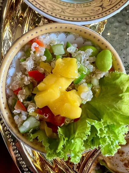 A refreshing quinoa salad with mango and edamame, part of the seven-course Pan-Indian meal. Each course was designed to be light, flavorful, and beautifully presented.