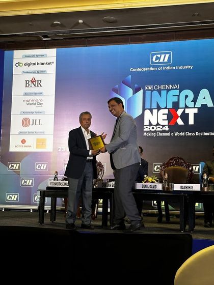 Our Partner, Chandrasekharan Ramanathan, being felicitated on stage after his panel discussion at the CII Infra Next Conference in Chennai.