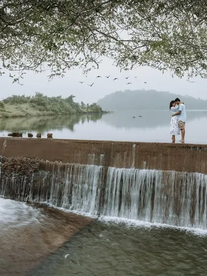 An epic, breathtaking moment captured at a serene waterfall. For couples who feel most alive in nature, I find stunning landscapes that match the scale of your love.