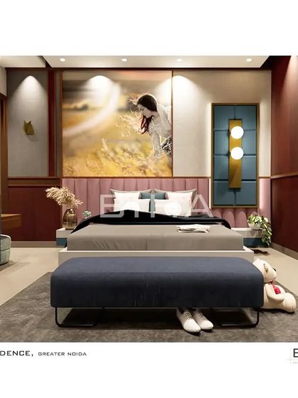 This daughter's room was designed to be vibrant and expressive. A palette of deep reds and pinks is balanced by a large, impactful piece of art above the bed. The unique wall-mounted light fixture and contemporary furniture create a space that is both playful and chic.