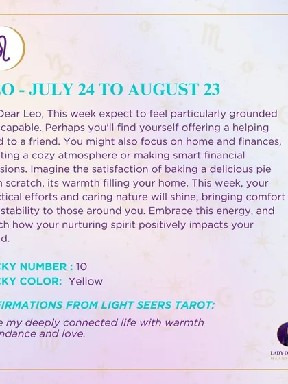 This week's tarot guidance for Leo. Expect to feel particularly grounded and capable. Your practical efforts and caring nature will shine.