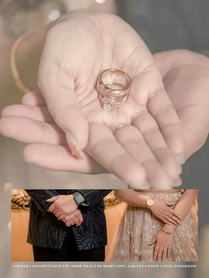 A detail-oriented collage focusing on the engagement rings and the couple's hands, symbolizing their official union.