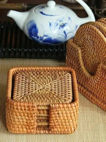 Our handcrafted cane coasters are a perfect blend of utility and earth-friendly design. Available in both square and round shapes, they come in a matching holder and protect your surfaces while adding a touch of rustic charm.